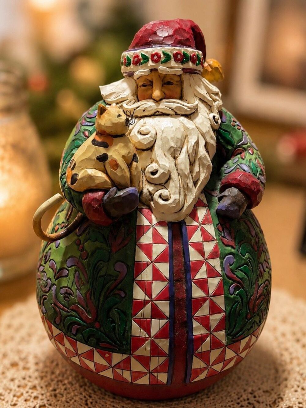 Jim Shore Heartwood Creek "Christmas Warmth" Roly-Poly Santa with Cat 2005 Folk